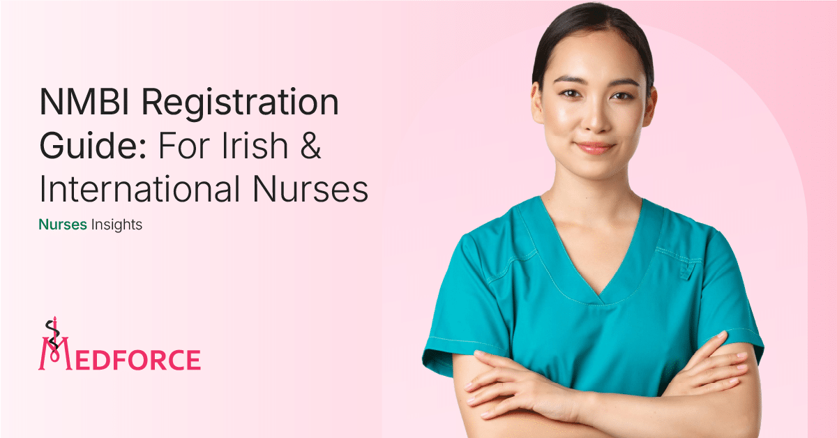 Nurse in green scrubs standing next to the caption 'NMBI Registration Guide For International & EU Nurses' with Medforce logo visible.