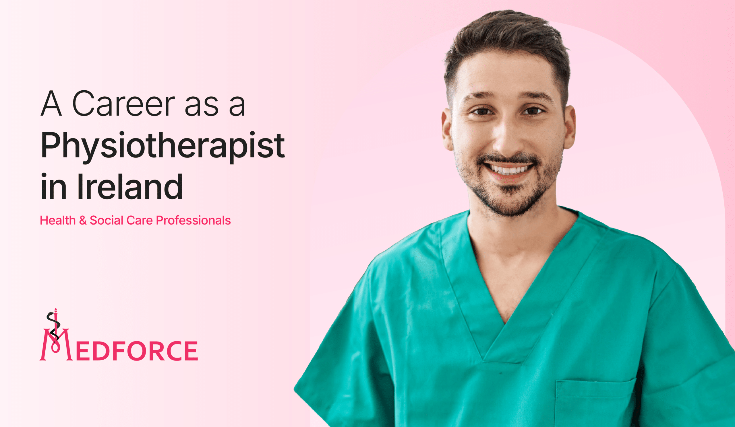 Smiling male physiotherapist wearing green scrubs against a pink background. Title reads "A Career as a Physiotherapist in Ireland" with Health & Social Care Professionals and Medforce logos in the bottom left corner.